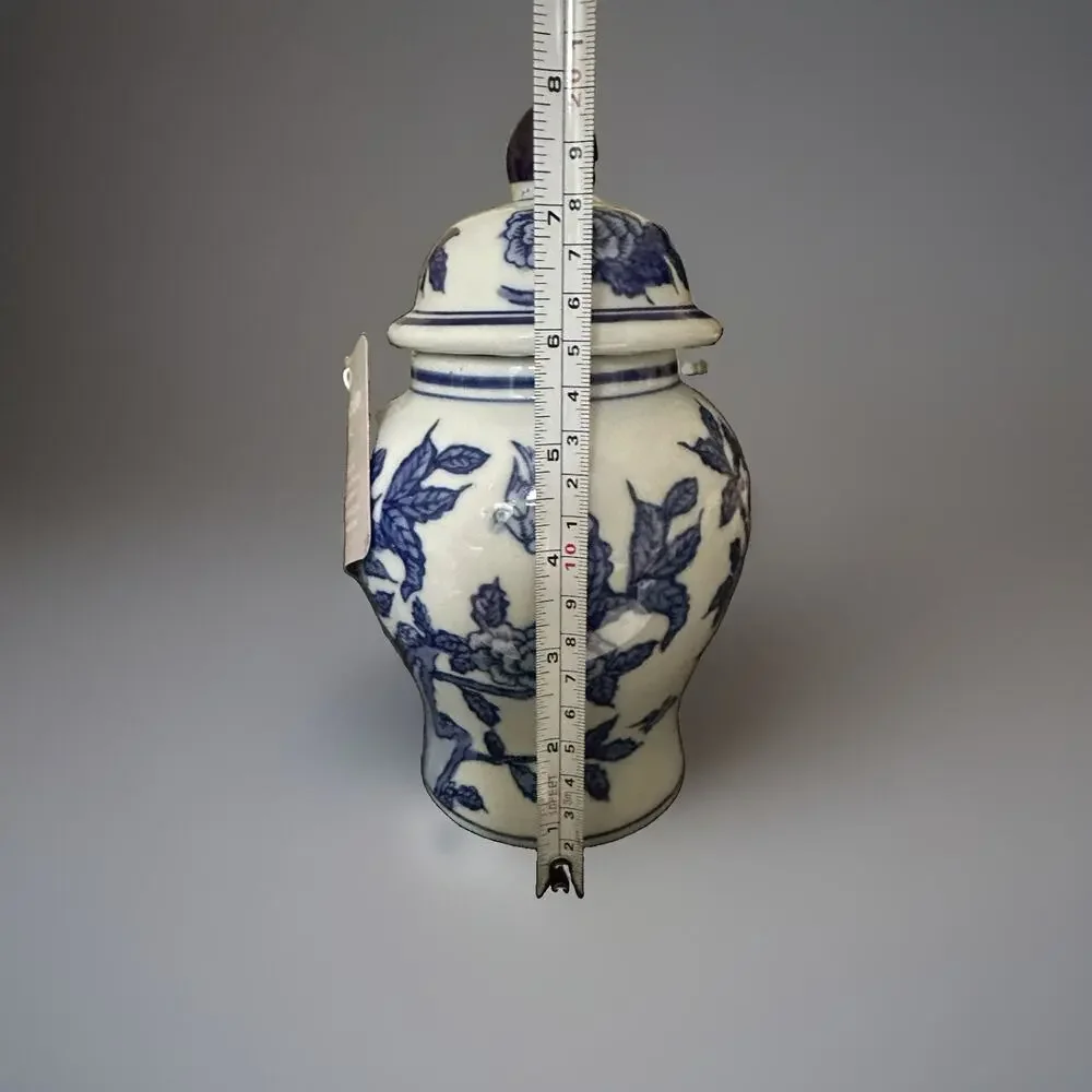 Blue & White Ceramic Rose Ginger Jar Vase Lid Decorative Chinoiserie NWT 8” Tall